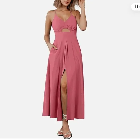 NWT Spaghetti Strap Dress Sleeveless V Neck Cutout Slit Casual - Picture 2 of 15